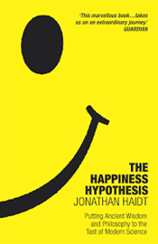 Book cover featuring a large black smiley face on a bright yellow background with the title "The Happiness Hypothesis" by Jonathan Haidt in bold black text. Includes a quote from Guardian at top and subtitle "Putting Ancient Wisdom and Philosophy to Test of Modern Science" at bottom.