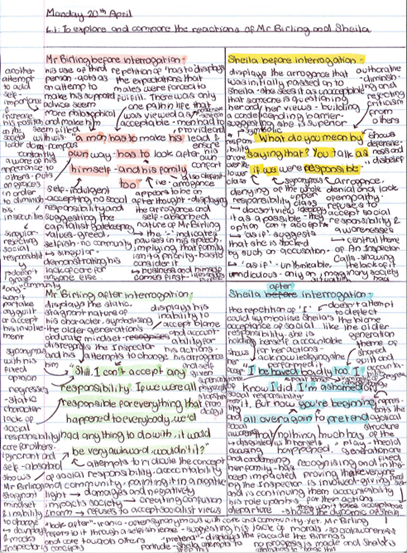 Handwritten notes on a lined page summarising and analysing the reactions of Mr Birling and Sheila before and after interrogations in a text, with key points highlighted in yellow. The notes include detailed observations on character behaviour, responsibility, and responses, with annotations in blue and red ink emphasising important ideas and contrasts.