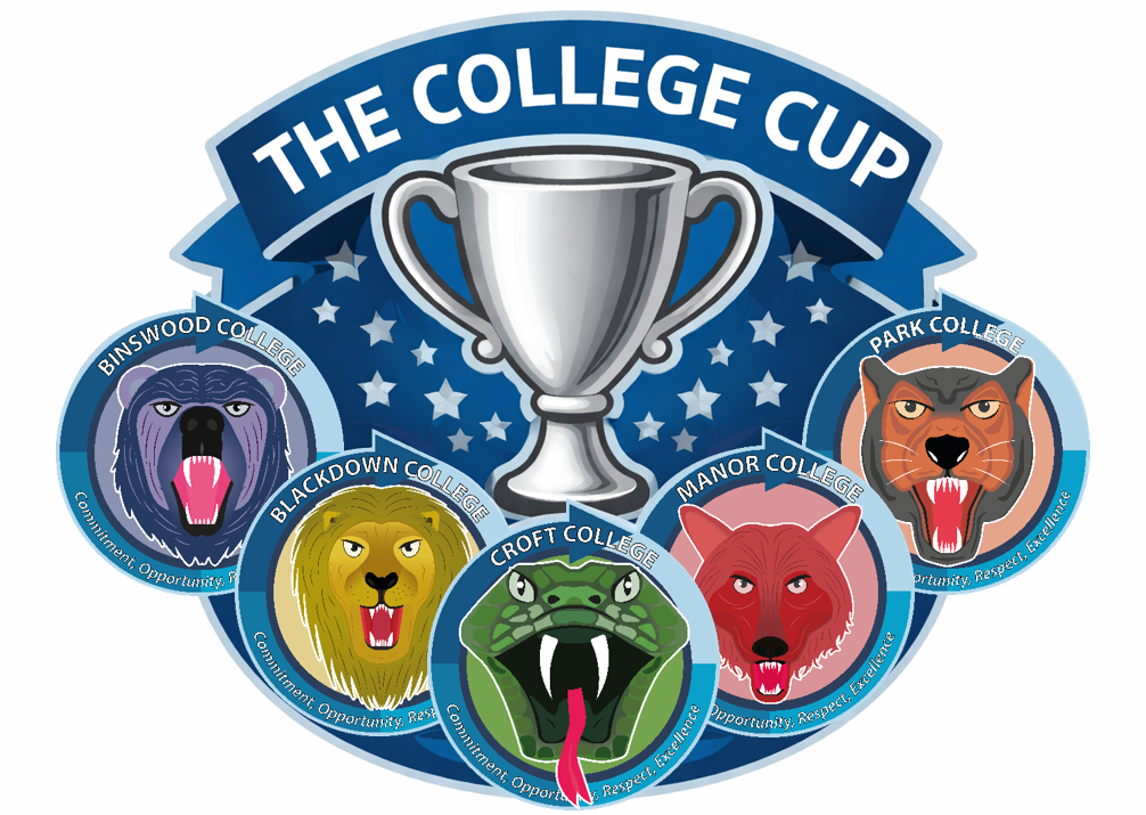 llustration of a trophy labelled "The College Cup" surrounded by five circular badges representing different colleges, each featuring a fierce animal mascot and the words "Community, Opportunity, Respect, Excellence." Badges include a purple bear for Binswood College, a yellow lion for Blackdown College, a green snake for Croft College, a red wolf for Manor College, and an orange tiger for Park College, symbolising competition among these institutions.