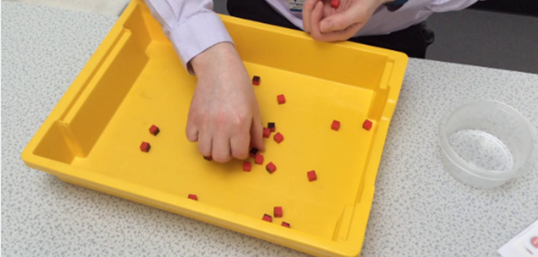 Photograph showing a person sorting small red and black cubes inside a large yellow tray on a speckled surface. The scene includes a clear plastic container nearby, suggesting an activity involving organisation or counting of the cubes