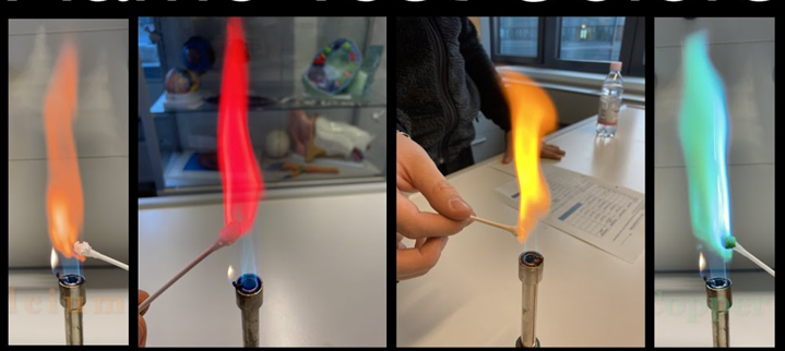 Photograph showing four different flame test colours produced by various chemical elements on a Bunsen burner flame. Flames are coloured pale orange, bright red, yellow-orange, and blue-green, demonstrating distinct emission spectra for identification purposes.