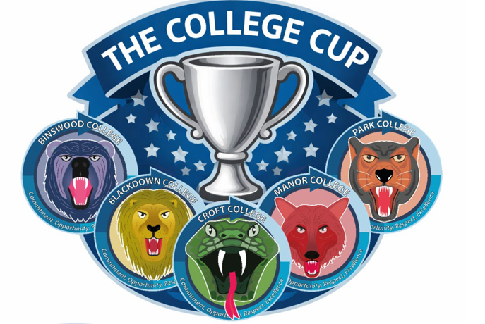 A colourful emblem for "The College Cup" features a central silver trophy surrounded by five circular badges representing different colleges, each with a distinct animal mascot and motto. Badges include a bear for Binswood College, lion for Blackdown College, snake for Croft College, and wolf for Manor College, and a panther for Park 