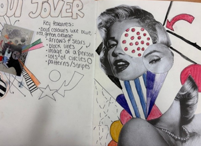 A mixed media collage artwork combining a black-and-white photograph of a woman with colourful geometric shapes and patterns, including circles, stripes, and stars. Handwritten notes beside the collage highlight key features such as bold colours like blue, red, and orange, and usage of shapes and patterns to create visual interest.