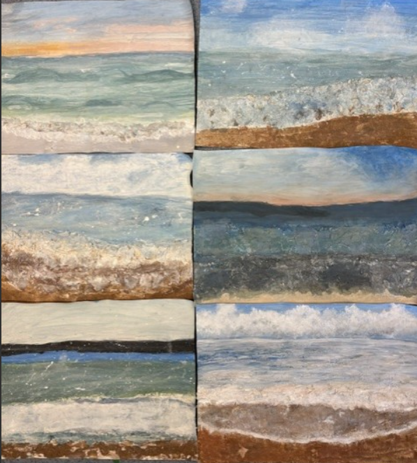 A collage of six small paintings depicting various ocean scenes with waves crashing onto sandy shores, each showcasing different lighting and wave intensity. Colours range from soft blues and greens to darker tones, highlighting changing sea conditions and times of day.
