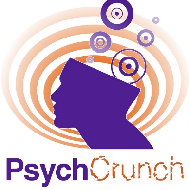 Logo design featuring a purple silhouette of a human head with concentric orange circles radiating behind it and multiple target-like circles emerging from the top of the head. Text below reads "PsychCrunch" with "Psych" in solid purple and "Crunch" in a distressed orange font, suggesting a focus on psychology and data analysis or insights.