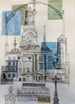 A drawing of a building