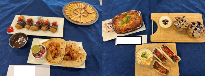 Two photographs of food  - the first photograph is of a food spread featuring two flatbreads topped with seasoned chicken, a small bowl of salsa with lime, a plate of churros drizzled with chocolate and garnished with strawberries, and a round apple tart arranged in a circular pattern. Dishes are placed on a blue cloth. The second photograph is of a meal presentation featuring a baked dish with melted cheese and herbs, three mini pies with lattice tops, three tacos filled with meat and vegetables, and two small bowls of side dishes, all arranged on wooden boards and a white plate over a blue cloth.   
