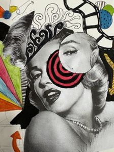 A mixed-media artwork combining a detailed black-and-white portrait of a woman wearing a pearl necklace with colourful abstract shapes and patterns surrounding her head. The composition features geometric elements, swirling lines, and bold colours like green, blue, orange, and red, creating a contrast between realism and abstract expression.