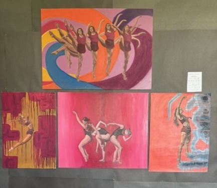 A group of four paintings on a wall of dancer 