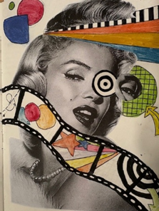 A mixed media collage combining a grayscale portrait of a woman with colourful geometric shapes and patterns. Key elements include a rainbow-colored striped section, green grid with an arrow, red and blue circles, and a black filmstrip-like ribbon with stars and stripes overlaying the face.