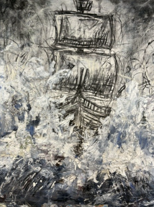 Abstract painting depicts a ship with tall masts and sails amidst turbulent waves, using dark, sketch-like lines over a textured background of white, grey, and blue hues. The chaotic brushstrokes and layered colors convey a sense of stormy sea and movement, emphasising contrast between ship's structure and surrounding water.