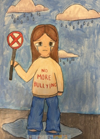 A coloured drawing of a person standing on a puddle under rainy clouds, holding a sign with a red crossed circle symbol. The person wears a beige jumper with "NO MORE BULLYING" written in red, blue jeans, and brown shoes, conveying an anti-bullying message.