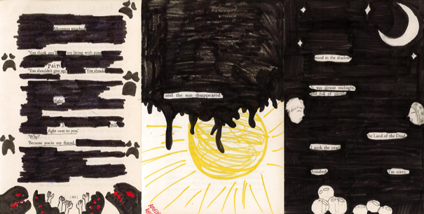 A three-panel blackout poem artwork combining text and illustrations to convey a narrative about pain, friendship, and darkness. The left panel features red-eyed hands and paw prints with blacked-out text, the centre panel shows a yellow sun partially obscured by black ink, and the right panel depicts a crescent moon, skulls, and stars against a black background with selected visible words.