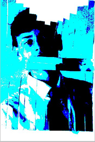 A person lying down on a bed in a light blue light