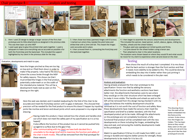 Photograph collage documenting chair prototype B development, analysis, and testing through multiple close-up shots of wooden parts, hinges, screws, and assembly stages with handwritten notes and annotations. Key elements include design adjustments, hinge placement, structural testing, and a drop test evaluation, highlighting challenges with hinge size, seat slant, and material strength.