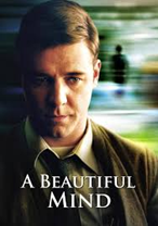 A photograph of a person wearing a suit and tie with a blurred background featuring a silhouette walking by. Text at the bottom reads "A BEAUTIFUL MIND," indicating a promotional poster for the film.
