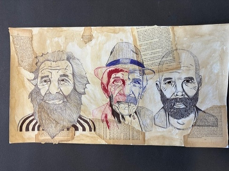 A drawing of three men on paper
