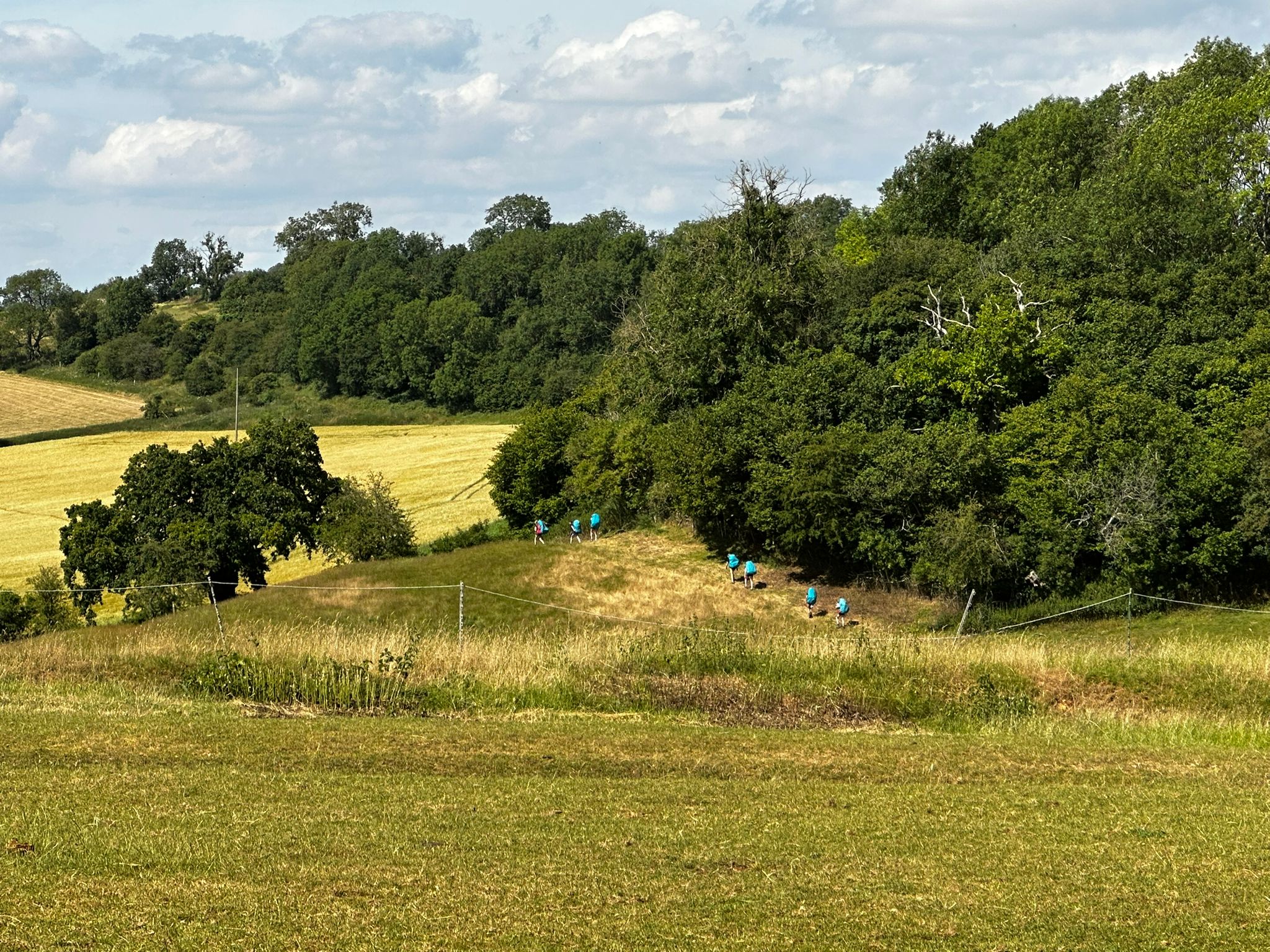 Photograph of a rural landscape featuring rolling grassy fields, dense green trees, and a partly cloudy sky. A group of people wearing blue shirts is walking along a narrow path through the fields, highlighting outdoor activity in a natural setting.
