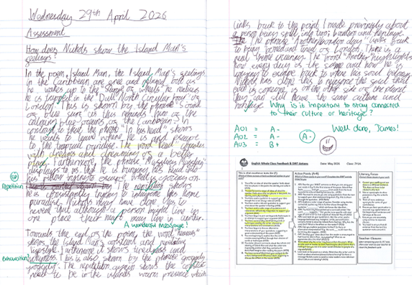 Handwritten student assessment dated Wednesday 29th April 2026, evaluating how Nílíde shows Island Man's feelings through descriptive language and imagery. The page includes detailed analysis, highlighted text excerpts, a feedback section with grades (A- for AO1, AO2, AO3), and teacher comments praising the student's understanding of cultural connection.