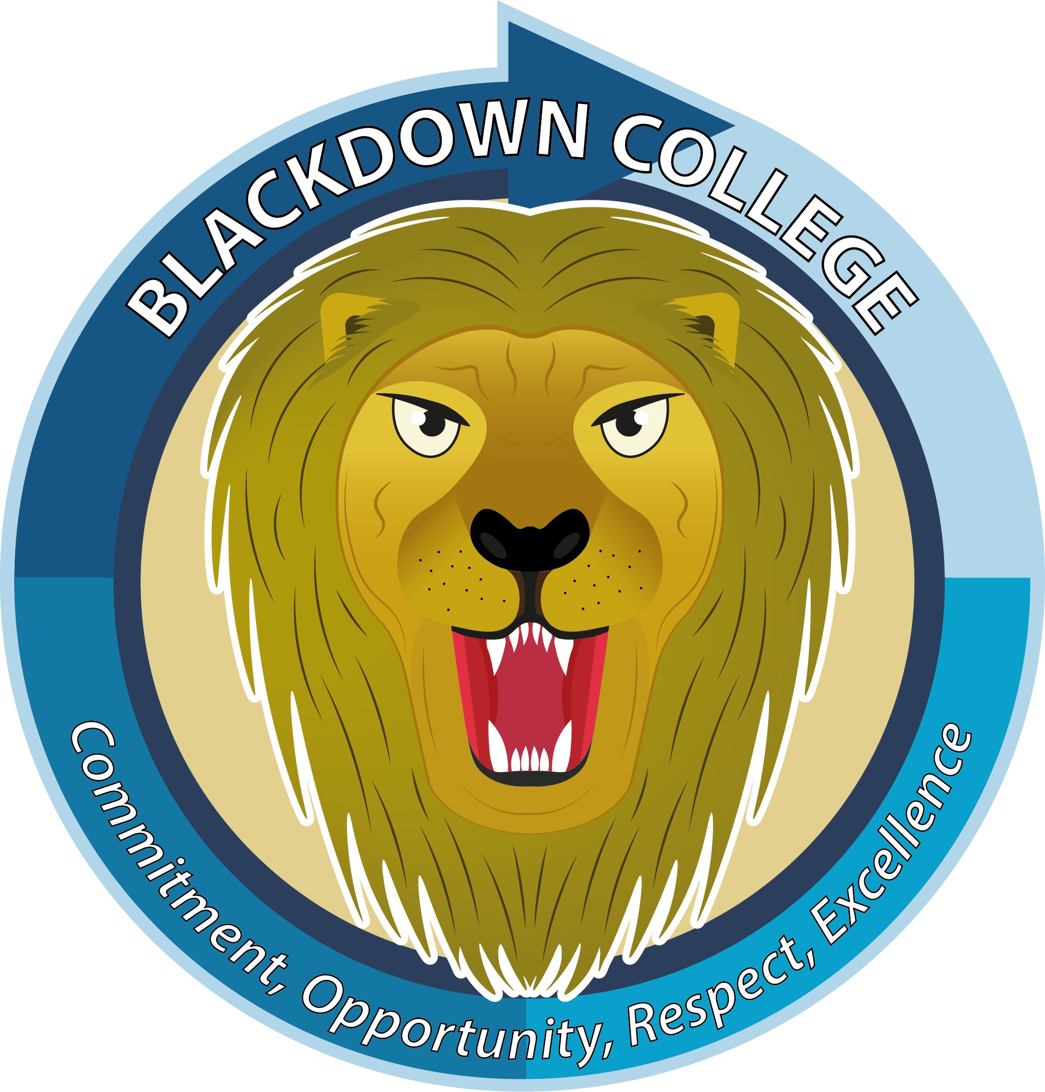 Circular logo featuring a roaring lion's head in centre, representing Blackdown College. Outer ring includes college name at top and motto "Commitment, Opportunity, Respect, Excellence" at bottom, with varying shades of blue forming segmented background.