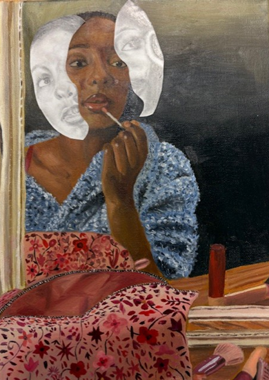 A painting of a person with dark skin wearing a blue textured garment, sitting in front of a mirror with a white mask behind their head. The foreground features a floral-patterned pink bag and various makeup items on a wooden surface, highlighting themes of identity and self-perception.