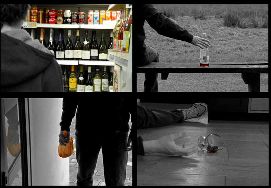 A collage of four photos, one a row of drinks bottles, one of a nearly empty bottle of beer on a bench with a hand holding it, one of a person acrrying a bottle and one of a dropped glass on the floor and a person's hand next to iton with a bottle of alcohol