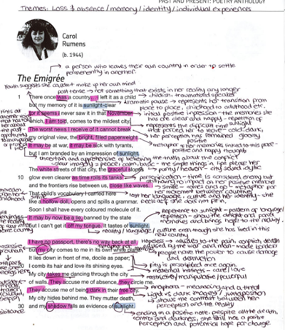 Photograph of a printed poetry anthology page featuring Carol Rumens' poem "The Emigrée," annotated with multicoloured handwritten notes analysing themes of loss, memory, identity, and individual experience. Annotations highlight key phrases, literary devices, and emotional contrasts, with emphasis on imagery related to light and darkness, personal and political conflict, and the speaker's complex feelings about exile and belonging.