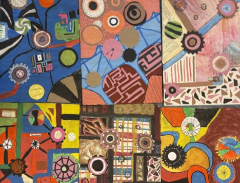 A collage of six abstract paintings featuring geometric shapes, circular patterns, and interconnected lines in varied colour schemes including blue, orange, pink, yellow, and brown. Each section displays unique arrangements of circles, grids, and angular forms, highlighting contrasts between organic and structured elements.