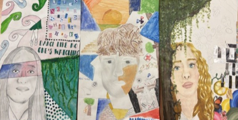 A colourful hand-drawn collage featuring multiple human faces with varied artistic styles and abstract elements. Includes text "DREAMS ARE ONLY WISHES" alongside geometric shapes, musical notes, and natural motifs like trees and clouds, highlighting themes of hope and creativity.