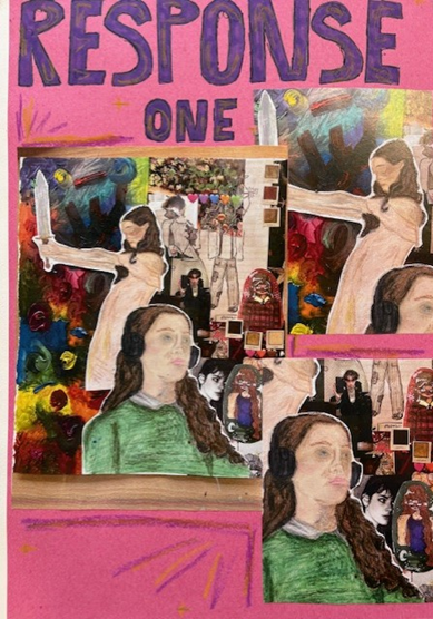 Collage artwork titled "RESPONSE ONE" features multiple cutouts of a woman in a green top and a figure holding a sword, layered over a colourful abstract background with swirling patterns. The composition includes repeated images, a pink border, and handwritten text, suggesting a thematic exploration of identity or reaction.