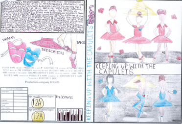 Hand-drawn promotional poster for a ballet production titled "Keeping Up with the Capulets," featuring three ballerinas in pink tutus on the top right and three ballerinas in blue tutus on the bottom right, with hearts and stage elements. The left side includes text blocks about drama, dedication, dance, production credits, age certification logos, and a barcode, combining artistic and informational elements.