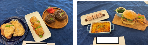 the first photograph shows three plates of different dishes arranged on a blue tablecloth, including a creamy mushroom dish on a dark blue plate, three breaded items with sauce on a rectangular white plate, and two chocolate muffins with a strawberry on a round wooden board. The second photograph shows a meal presentation featuring a burger with fries and a small bowl of green peppers on a wooden board, a baked dish in a blue ceramic container, and a row of pink macarons on a white rectangular plate 
