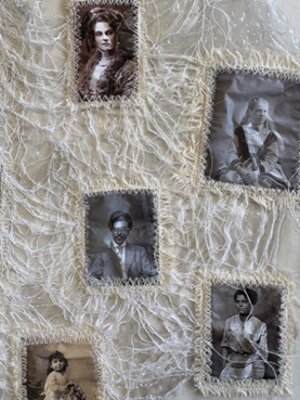 Photographic collage featuring five vintage black-and-white and sepia-toned portraits sewn onto a textured fabric with intricate white thread patterns. Each portrait is framed with a rough, frayed border, creating a nostalgic and handcrafted aesthetic highlighting individual subjects in period clothing.