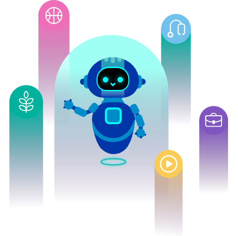 Illustration of a friendly blue robot surrounded by five vertical gradient bars, each topped with an icon representing different fields: basketball, healthcare, business, media, and environment. The design highlights the robot's versatility and potential applications across diverse industries using vibrant colours and simple shapes.