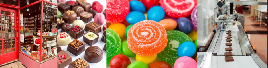 A three-panel photograph collage showcasing different aspects of chocolate production and presentation. The first panel features a red storefront with assorted chocolates displayed, the second panel shows colourful assorted candies including a prominent orange spiral candy, and the third panel depicts chocolates moving on a factory conveyor belt.