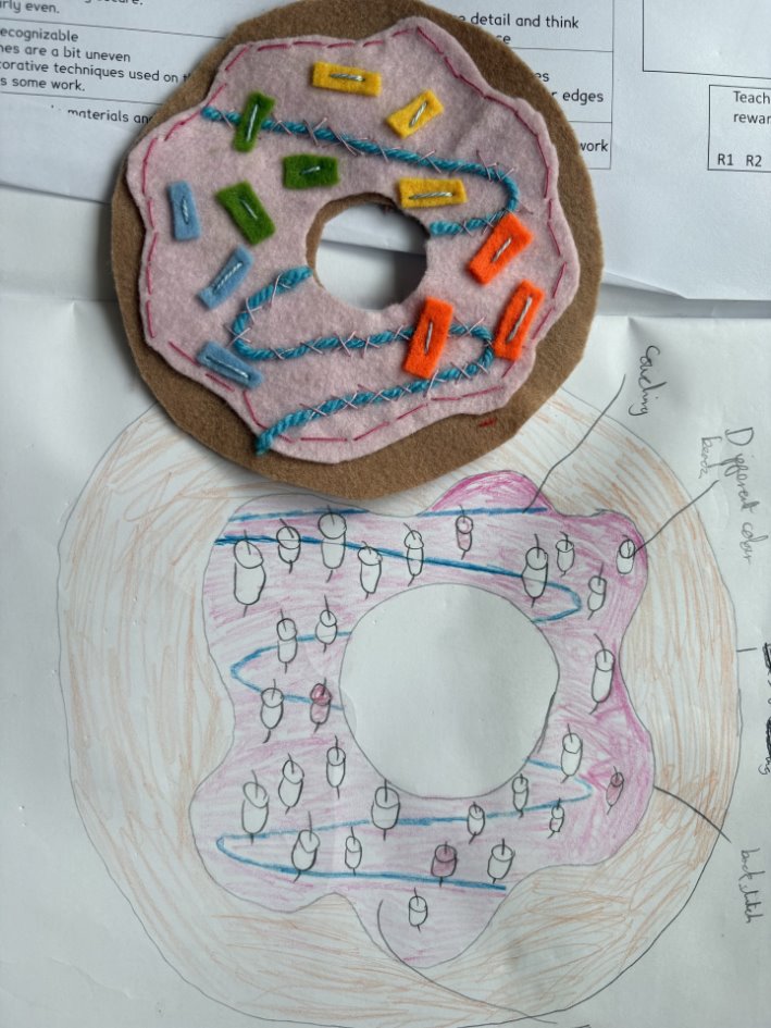 A felt donut with colorful sprinkles and a drawing