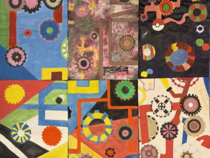 A collage of six abstract paintings featuring interconnected gears and circular shapes in various colours and backgrounds. Each section showcases different colour schemes and textures, highlighting mechanical and industrial themes with prominent use of reds, blues, greens, and yellow