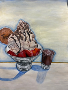 A painting of a dessert in a glass