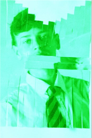 three images of a face , one black and white , one green and one blue