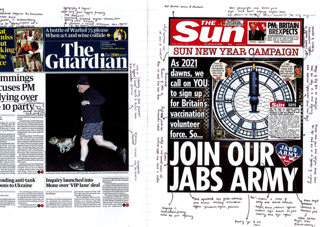 Photograph of two British newspaper front pages, The Guardian and The Sun, side by side with handwritten notes around them. The Guardian features a man walking a dog at night with headlines about political and social issues, while The Sun promotes a New Year campaign urging readers to join a vaccination volunteer force, highlighted by bold text and an image of Big Ben.