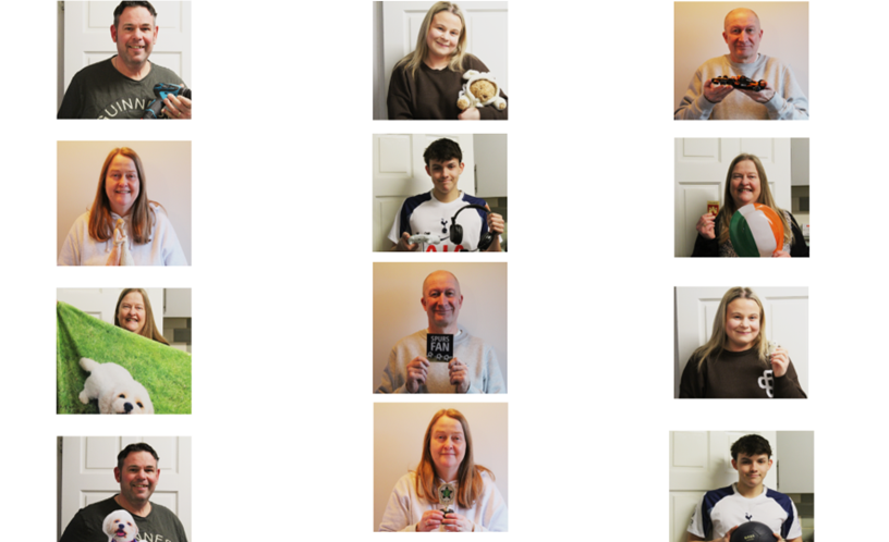 Photograph collage featuring twelve individuals each holding different objects such as toys, sports equipment, and pets, arranged in three vertical columns against a plain background. The images highlight personal interests or hobbies, with notable items including a teddy bear, a volleyball, a gaming controller, and two small dogs.