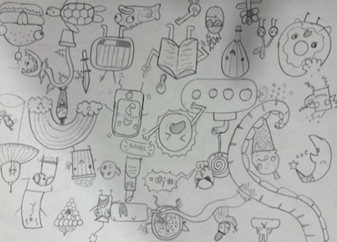 A hand-drawn sketch featuring various whimsical and abstract characters, objects, and symbols arranged randomly on a white sheet. Key elements include a turtle, a television, a book, a rainbow, and a crescent moon, all outlined in black pencil with no colour or shading