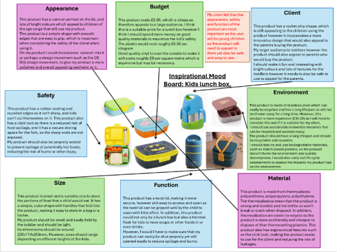 Diagram of an inspirational mood board for kids lunch boxes, featuring sections on Appearance, Budget, Client, Safety, Environment, Size, Function, and Material, each with detailed descriptions and a central image of various lunch boxes. The board highlights key considerations such as colourful design appeal, affordability, safety features, environmental impact, practical size, user-friendly function, and sustainable materials, aimed at guiding product development.