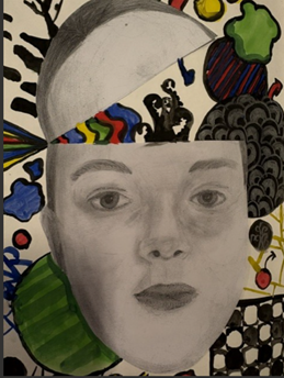 A photograph of a hand-drawn abstract artwork featuring various colourful shapes and patterns, including circles, leaves, and lines. The composition combines black and white elements with vibrant colours like green, red, blue, and yellow, creating a visually dynamic and playful design.