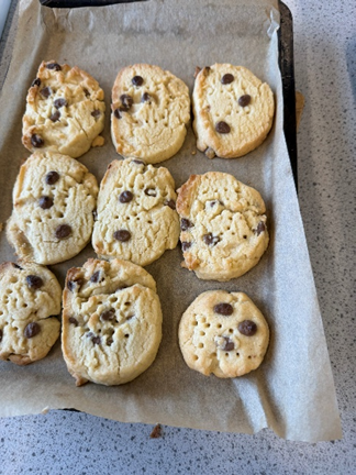 Photograph of nine freshly baked chocolate chip cookies arranged on parchment paper over a baking tray. Cookies vary slightly in size and shape, with visible chocolate chips scattered unevenly across golden-brown surfaces.