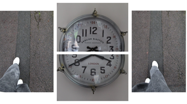 three images the middle one is a  close-up of a clock and the other two are a person's legs and feet walking on a  grey surface
