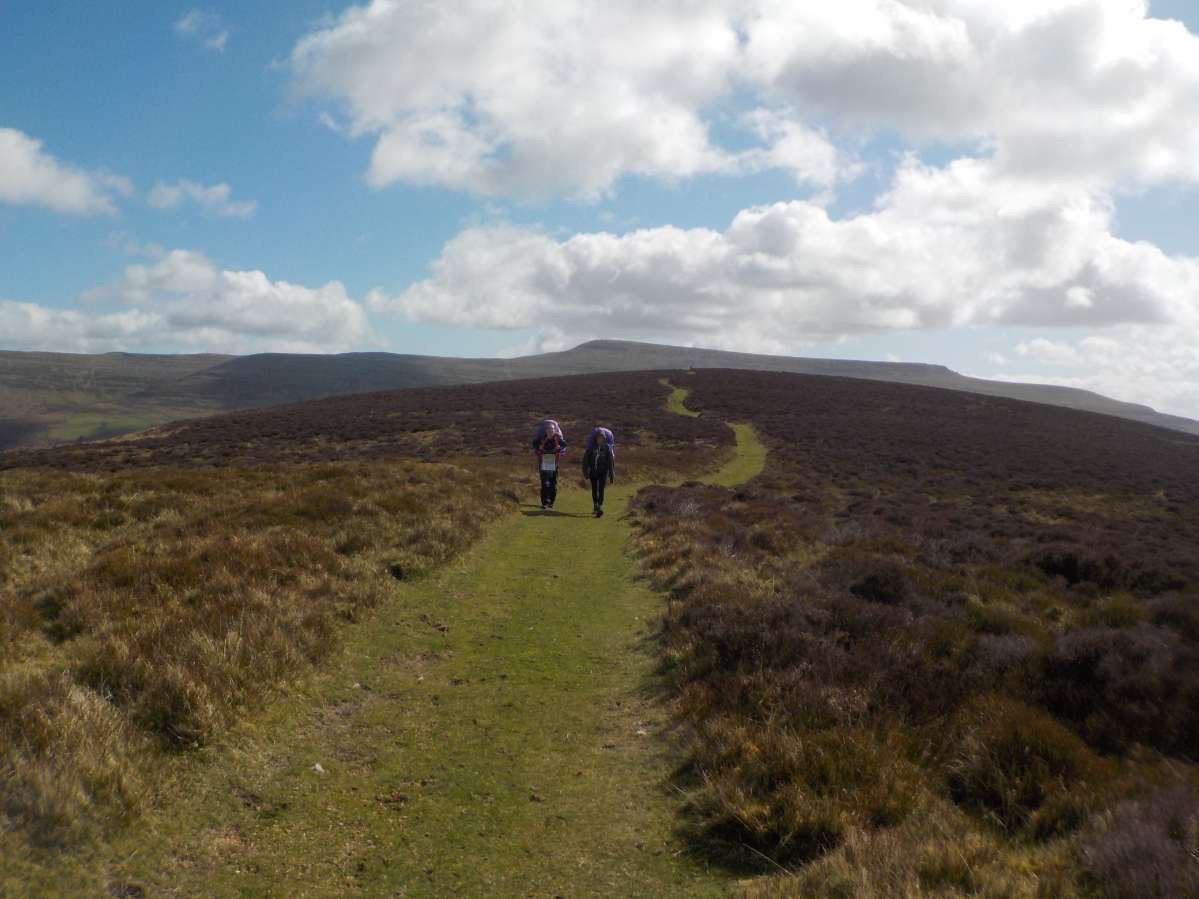 two students hiking with backpacks