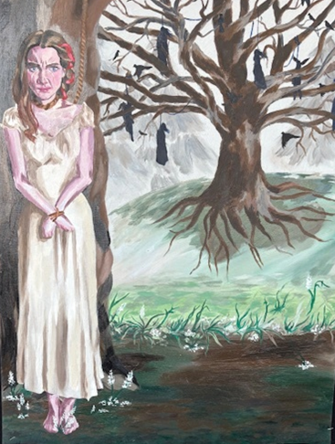 A painting of a person in a white dress