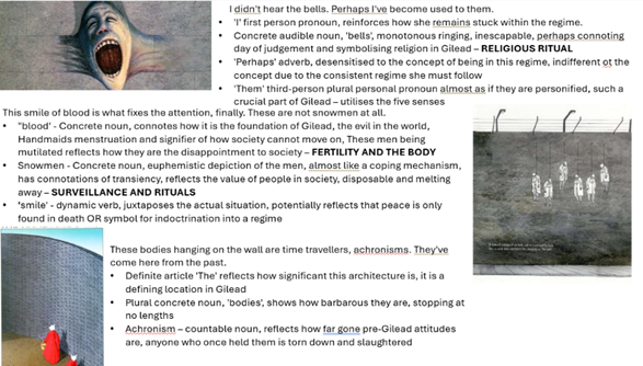 Screenshot of an annotated text analysis discussing themes in a dystopian regime, focusing on concepts like religious ritual, fertility, surveillance, and rituals. Key elements include highlighted words and phrases with explanations, a screaming face image symbolising fear and control, and a smaller photo of a snowy landscape, all emphasising societal oppression and dehumanisation.