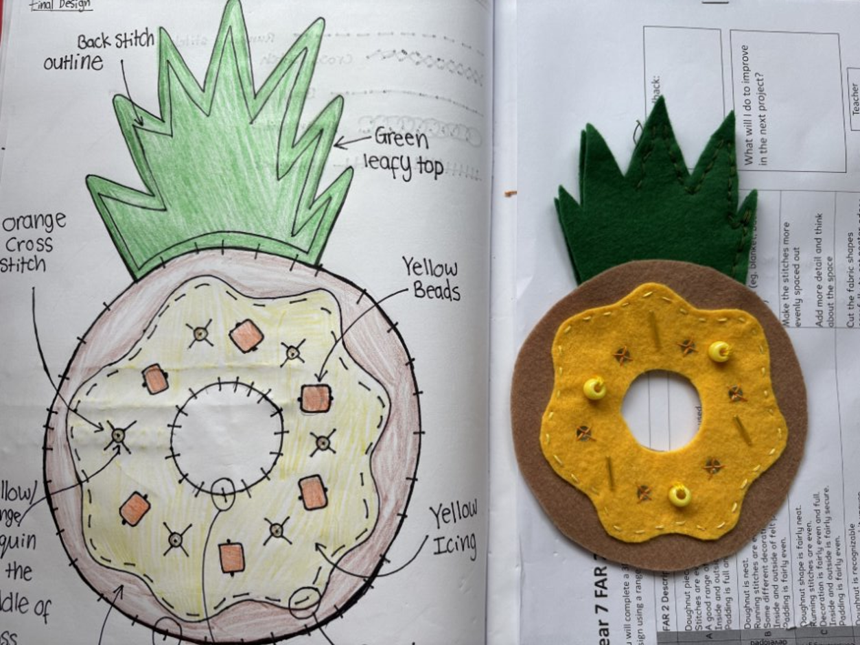 a drawing of a pineapple and a felt pineapple